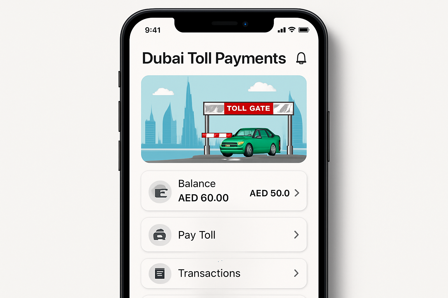 Mobile app for managing Dubai toll payments and accounts