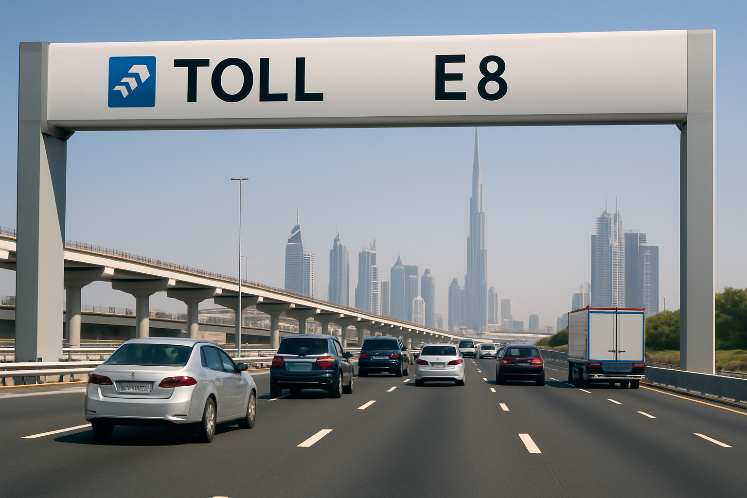 Traffic moving smoothly on a Dubai highway due to efficient toll management